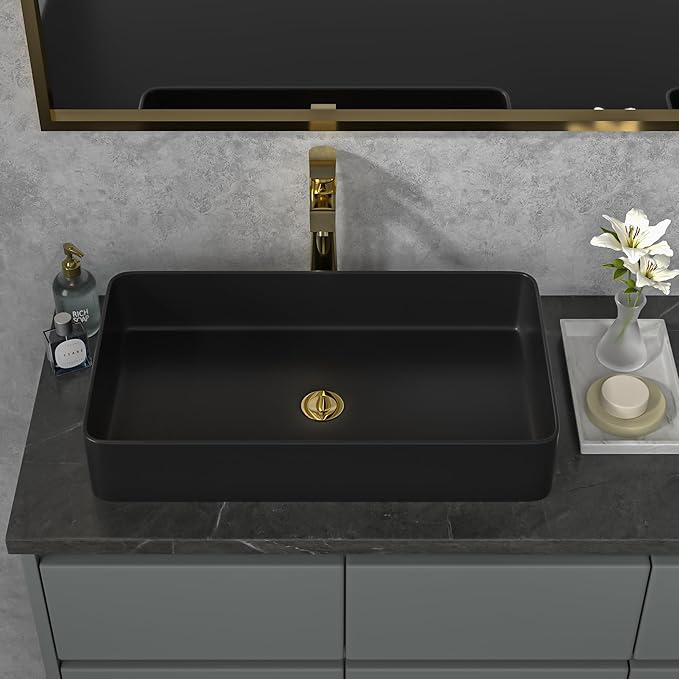 Sarlai Black Vessel Sink Rectangular - 24"x14" Modern Bathroom Vessel Sink Rectangle Above Counter Black Ceramic Porcelain Lavatory Vanity Sink Art Basin