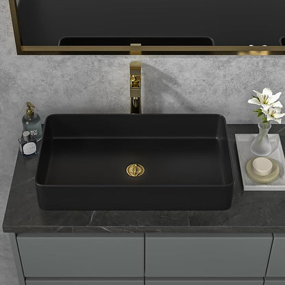 Sarlai Black Vessel Sink Rectangular - 24"x14" Modern Bathroom Vessel Sink Rectangle Above Counter Black Ceramic Porcelain Lavatory Vanity Sink Art Basin