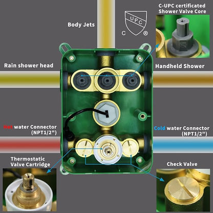 Brushed Gold Shower System AYIVG Temperature Display Thermostatic Shower System Ceiling Mount 12 Inch LED Rain Shower Head System with 6 Body Jets and Handheld Bathroom Shower Faucet Set