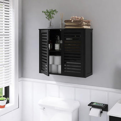 HITNET Black Bathroom Storage Cabinet, Hanging Medicine Cabinet with Adjustable Shelf, Bamboo Over The Toilet Wall Mounted Space Saver Organizer, Double Doors