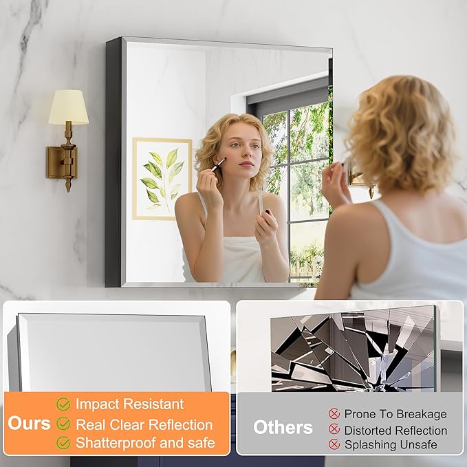 28 x 30 Inch Large Medicine Cabinet with Mirror, Black Aluminum Bathroom Cabinet with Storage, Oversized Single Door Tempered Beveled Glass, Recessed or Surface Mount, Adjustable Shelves