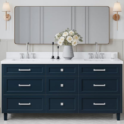 ARIEL Monroe 72-inch Bathroom Vanity with Sink,Solid Wood, 1.5-inch Pure White Quartz Countertop & Backsplash, Double Oval Porcelain Sink, 9 Dovetail Drawers, Brushed Nickel, Midnight Blue