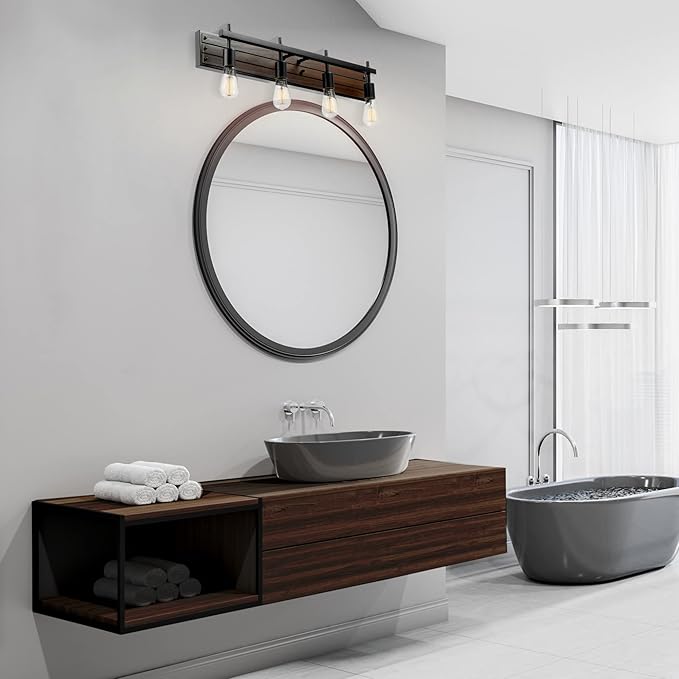 Globe Electric 52058 4-Light Vanity Light with Faux Wood Finish and Matte Black Accents, Ideal for Bathroom, Living Room, and for Makeup Over Mirror Lighting