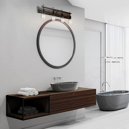Globe Electric 52058 4-Light Vanity Light with Faux Wood Finish and Matte Black Accents, Ideal for Bathroom, Living Room, and for Makeup Over Mirror Lighting