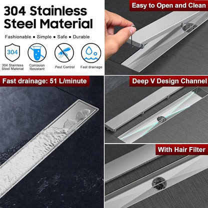 DLONE® Linear Shower Drain - 32 Inch Brushed Nickel, with Tile Insert Panel | AISI 304 Stainless Steel Linear Drain, Rectangle Shower Floor Drain, with Adjustable Feet, Fits Bathroom & Balcony etc