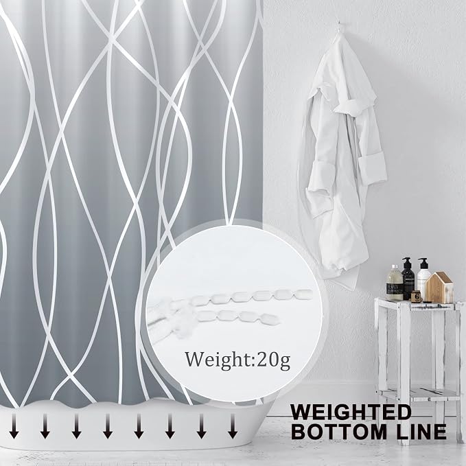 Striped Shower Curtain for Bathroom, Ombre Grey, 72" W x 72" L | with Hooks, Modern Hotel Style, Water Repellent, Washable, Weighted Hem