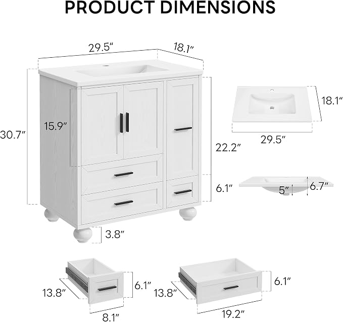 LIKIMIO 29.5" Bathroom Vanity with Sink, Hair Tool Drawer, 4 Solid Legs, 4 Drawers 2 Doors, Modern Freestanding Wooden Bathroom Cabinet with Undermount Upgraded SMC Sink, Quick Assembly, White
