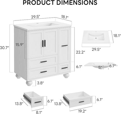 LIKIMIO 29.5" Bathroom Vanity with Sink, Hair Tool Drawer, 4 Solid Legs, 4 Drawers 2 Doors, Modern Freestanding Wooden Bathroom Cabinet with Undermount Upgraded SMC Sink, Quick Assembly, White