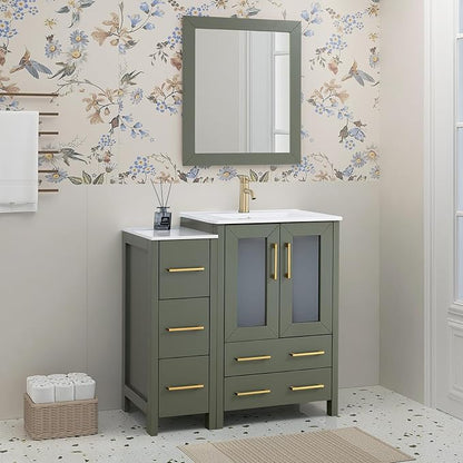 HOMEBEYOND 36 Inch Modern Bathroom Vanity with Sink & Mirror, Single Vanity Cabinet with Basin and Mirror, Dove-Tailed Drawers, Soft-Closing Doors, Wood, Vintage Green