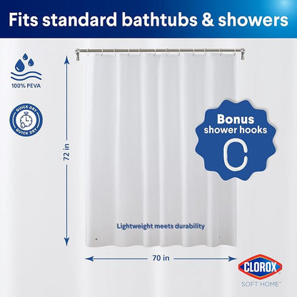 Clorox Shower Curtain Liner & Hooks, Premium Lightweight Flexible Waterproof 4g PEVA for Bathroom with Weighted Magnets, Standard Size 70" x 72", White 1 Pack