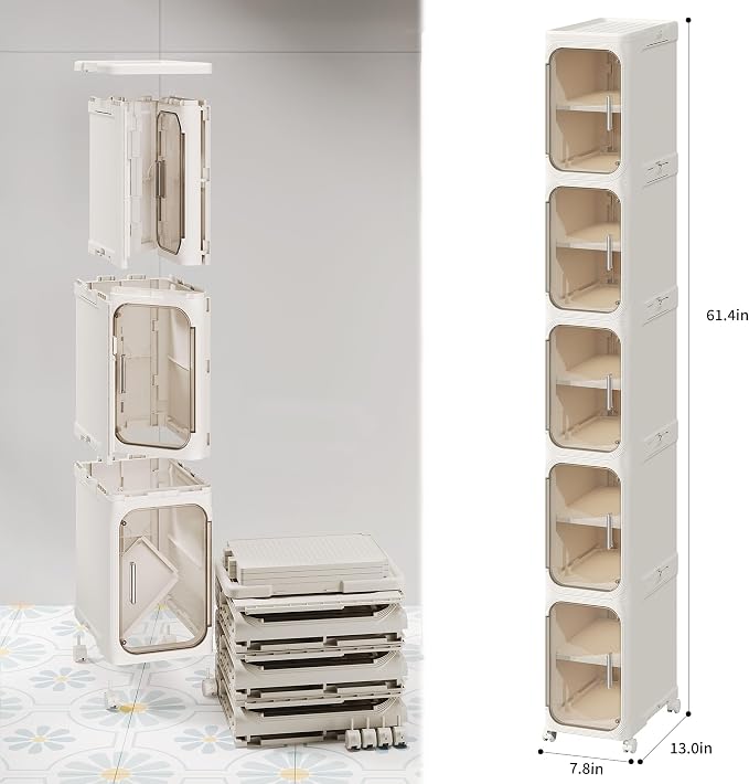 5-Tier Narrow Storage Cabinet Slim Bathroom Tall Skinny Organizer，Beige | Foldable Storage Cabinet with Lockable Rolling Wheels Magnetic Clear Door Adjustable Detachable Shelves For Narrow Space