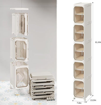 5-Tier Narrow Storage Cabinet Slim Bathroom Tall Skinny Organizer，Beige | Foldable Storage Cabinet with Lockable Rolling Wheels Magnetic Clear Door Adjustable Detachable Shelves For Narrow Space