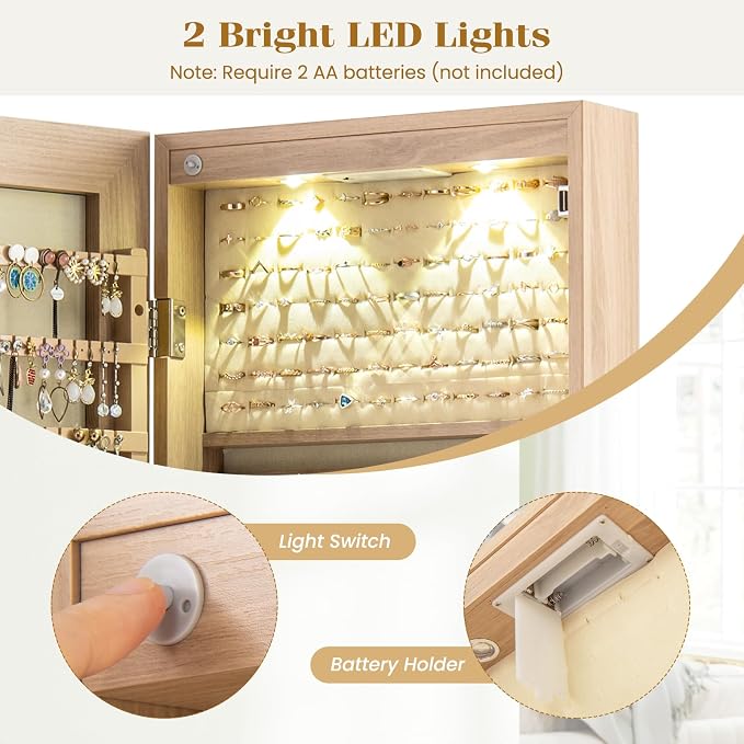 COSTWAY Wall Door Mounted Jewelry Armoire with 47.5" Full Length Mirror & 2 LED Lights, Large Storage Capacity, Lockable Mirror Jewelry Cabinet for Women Girls (Light Oak)