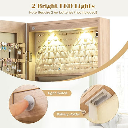 COSTWAY Wall Door Mounted Jewelry Armoire with 47.5" Full Length Mirror & 2 LED Lights, Large Storage Capacity, Lockable Mirror Jewelry Cabinet for Women Girls (Light Oak)