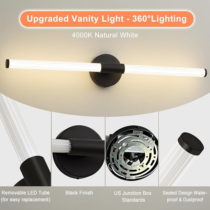 LED Bathroom Vanity Lights Black Wall Sconce Modern 30" | 360° Bright Bathroom Light Fixture, Dimmable Vanity Light, Hardwired Wall Light 4000K for Mirror