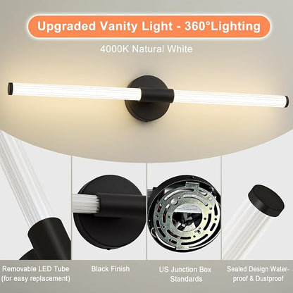 LED Bathroom Vanity Lights Black Wall Sconce Modern 30" | 360° Bright Bathroom Light Fixture, Dimmable Vanity Light, Hardwired Wall Light 4000K for Mirror