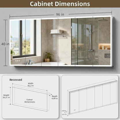 Medicine Cabinet with Lights, Bathroom LED Mirror Cabinet with Storage, Anti-Fog & 3 Color Lights, Recessed or Wall Mounted (96X40 in)