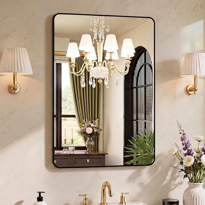 OLIXIS 38x26 Inch Bathroom Wall Mount Mirror with Rounded Rectangle, Black | Modern Wall Vanity Mirrors for Over Sink with Matte Brush Metal Framed, for Home Decor, Living Room, Bedroom