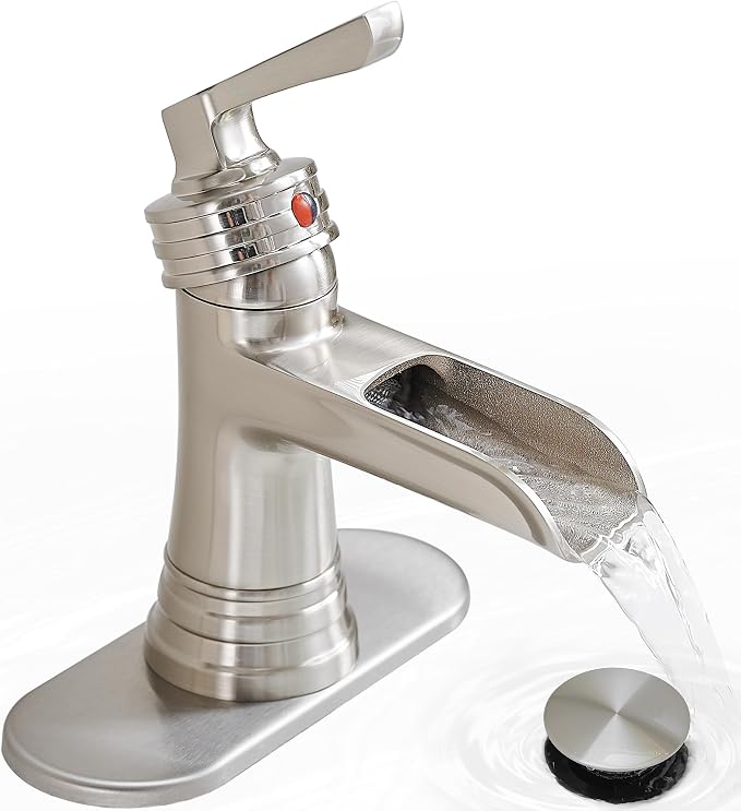 Brass Brushed Nickel Bathroom Faucet 3 Hole 4 Inch Waterfall Bathroom Faucet Single Hole, 1 Handle with Pop-up Drain, Deck Plate, cUPC Supply Pipes for Vanity, Restroom, 5 Mins Quick Install