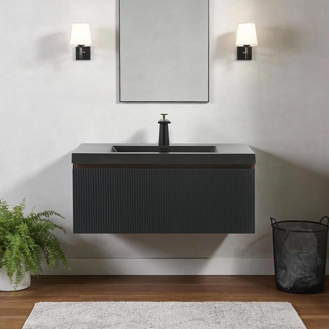 36 Inch Floating Bathroom Vanity, Smoked Walnut Wall Mounted Striped Cabinet, Black Quartz Sand Basin, Soft Close Drawers, Fully Assembled