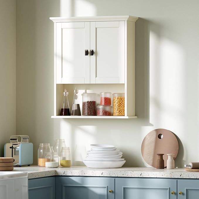 Bathroom Wall Cabinet, Medicine Cabinet Over The Toilet Storage Cabinet Wall Mounted with Build-in Spirit Level Cupboard Hanging Cabinet for Bathroom Laundry Kitchen Living Room, Cream White