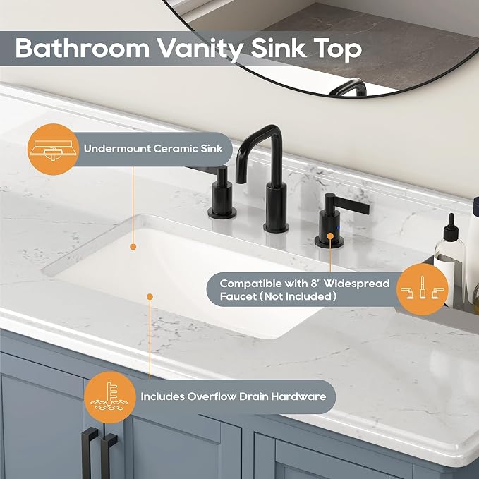 48 Inch Bathroom Vanity with Sink, Modern Bathroom Vanity with White Quartz Countertop, Solid Wood Frame Bathroom Sink Cabinet with Soft Closing Doors & Dovetail Drawers, Steel Blue