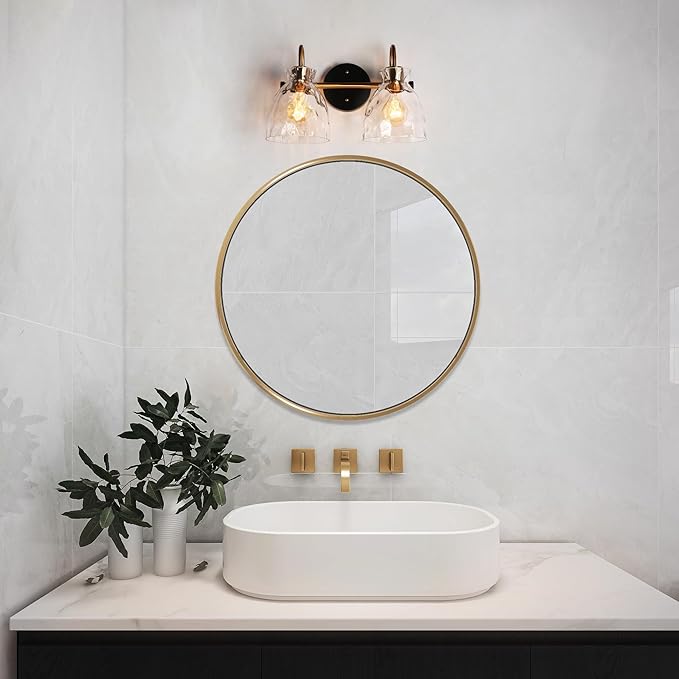 KSANA Modern Bathroom Vanity Lights, 2 Light Vanity Light Fixtures for Bathroom Black and Electroplated Brass Finish Mid-Century Wall Lamps with Water Ripple Glass