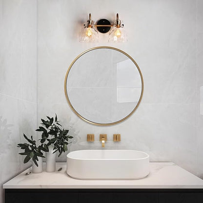 KSANA Modern Bathroom Vanity Lights, 2 Light Vanity Light Fixtures for Bathroom Black and Electroplated Brass Finish Mid-Century Wall Lamps with Water Ripple Glass