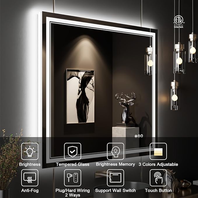 40x36 Inch LED Bathroom Mirror with Lights | Front and Backlit, 3 Colors, Dimmable, Memory, Anti Fog, Shatterproof, Horizontal/Vertical, Lighted Mirrors for Bathroom Wall