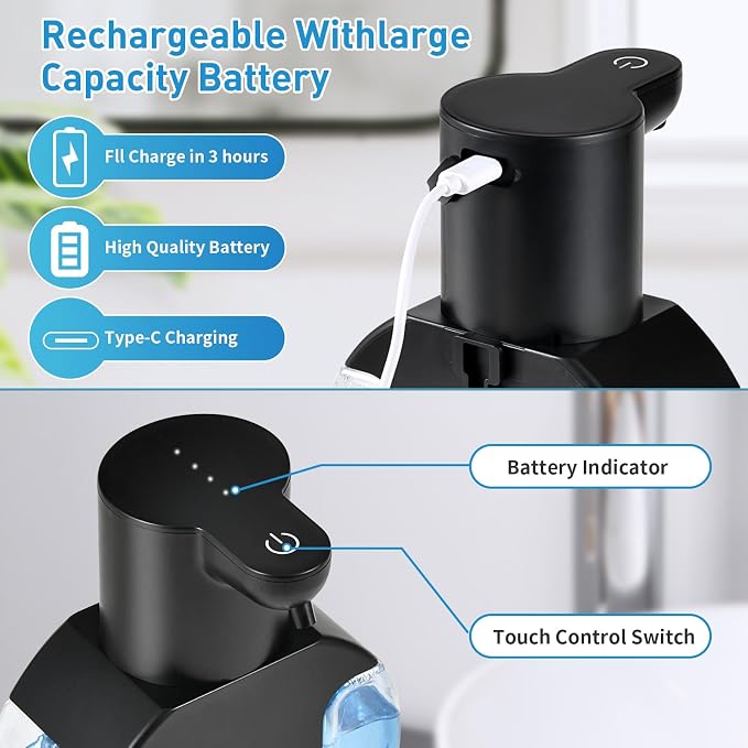 Automatic Foaming Soap Dispenser, 15oz/420ml Smart Hand Soap Dispensers, Touchless Wall Mount with 4-Level Adjustable, Rechargeable Foaming Hand Soap Dispenser for Bathroom Kitchen Office - Black-1