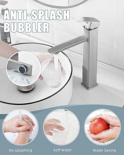 Bathroom Faucets, Brushed Bathroom Sink Faucet Set with Pop Up Drain, Single Hole Single Handle High Barrel Sink Vanity Faucet, Stainless Steel Lead-Free