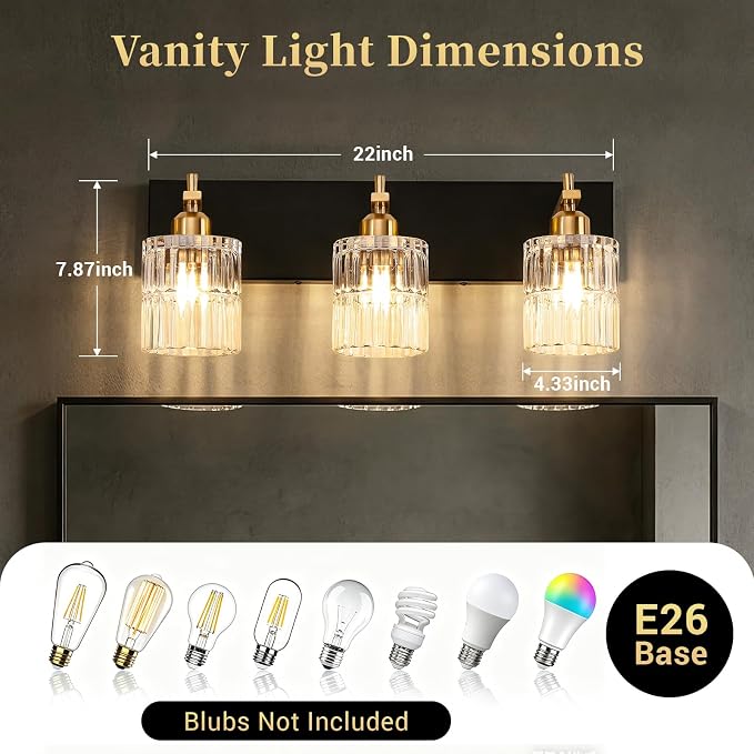 OCIOC Bathroom Vanity Light, 3-Light Black and Gold Vanity Lights over mirror, E26 Wall sconces with glass shape, Farmhouse Lighting fixture for bedroom, living room, hallway