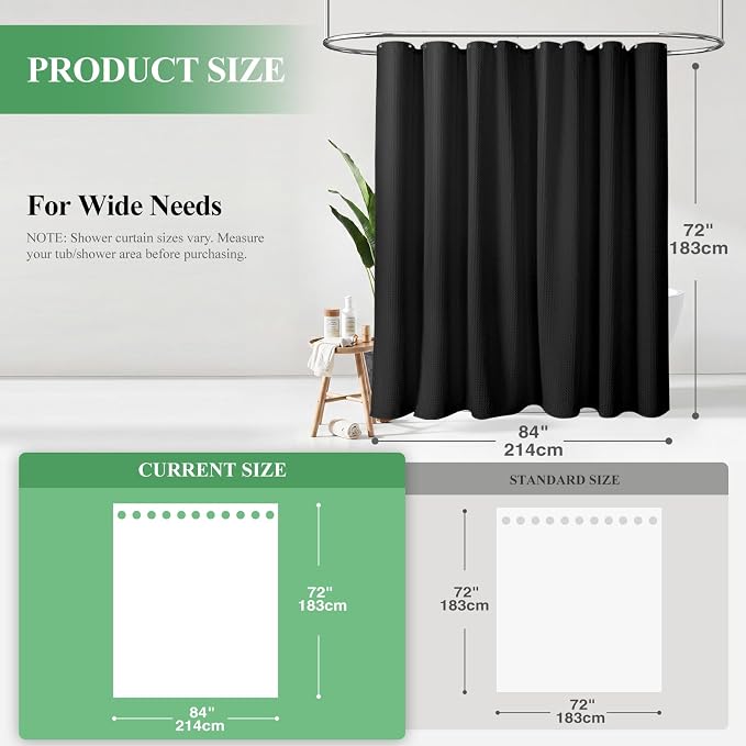 Extra Wide Waffle Shower Curtain 256 GSM Fabric 84x72 Black | 84 Inch Wide, Thick Cloth, Weighted Hem, Water Repellent, Hotel Luxury Polyester Shower Curtain Set for Bathroom 14 Hooks