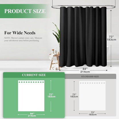 Extra Wide Waffle Shower Curtain 256 GSM Fabric 84x72 Black | 84 Inch Wide, Thick Cloth, Weighted Hem, Water Repellent, Hotel Luxury Polyester Shower Curtain Set for Bathroom 14 Hooks