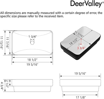 DeerValley Vessel Sink Rectangle, Black & White Semi Recessed Bathroom Sinks, 18.9"x11.61" Modern Rectangular Top Counter Bathroom Sink Porcelain Ceramic Lavatory Sink Bowl Art Basin DV-1V0233
