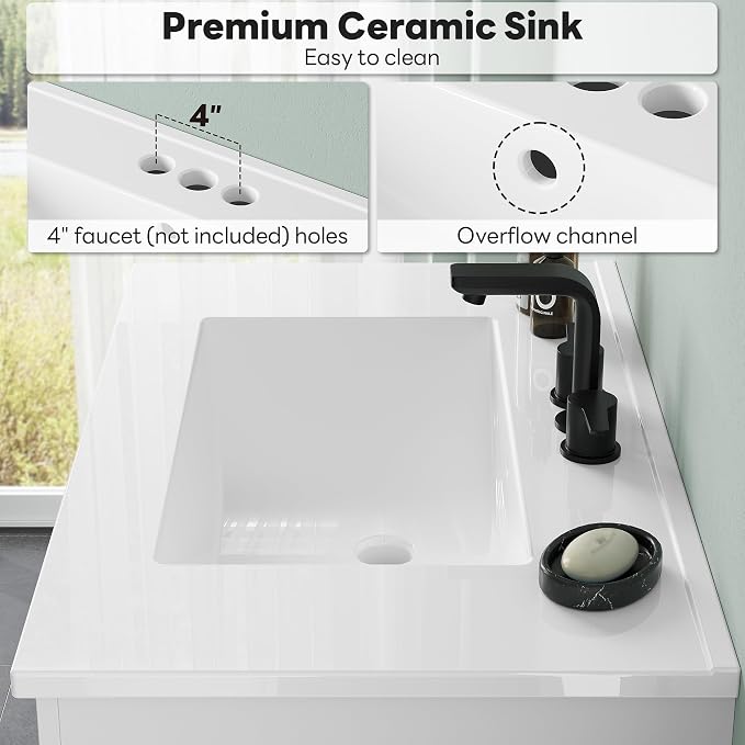 LIKIMIO 30" Bathroom Vanity with Sink, 2 Soft-Close Drawers & 1 Door, White | Freestanding Bathroom Vanity, Integrated Rectangular Ceramic Sink, Modern Bathroom Storage Cabinet, Assembly Required