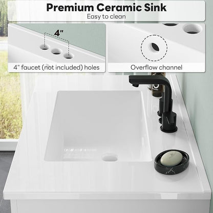 LIKIMIO 30" Bathroom Vanity with Sink, 2 Soft-Close Drawers & 1 Door, White | Freestanding Bathroom Vanity, Integrated Rectangular Ceramic Sink, Modern Bathroom Storage Cabinet, Assembly Required