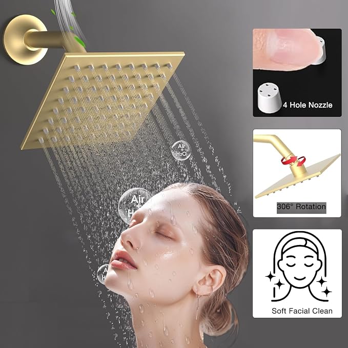 Luxury 20x14in LED Rainfall Mist Dual Shower System Can Run Togther | Brushed Gold 4-way Thermostatic Digital Display Brass Valve, Ceiling Flush Showerhead and 6in Tilt Shower, Brass Handheld