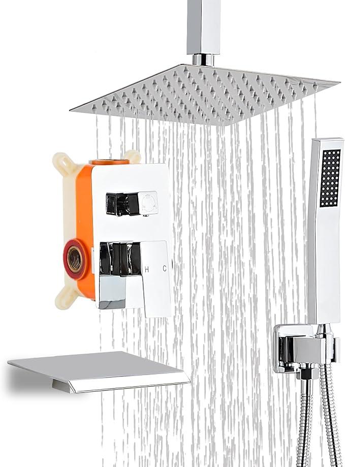 10 Inch Shower Faucet Set, Ceiling Mounted Rainfall Shower System with High Pressure Handheld Shower Head, Bathroom Mixer Rough-in Valve and Trim Shower Kit, Polished Chrome, with Tub Spout