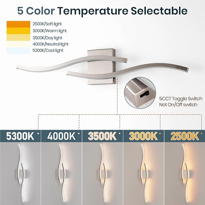 Brushed Nickel Curved 3000~6000K Bathroom Vanity Light Fixture Over Mirror, 31.5 inch Modern LED Wall Lamp 5CCT Dimmable Bathroom Light Fixture Modern Vanity Lighting
