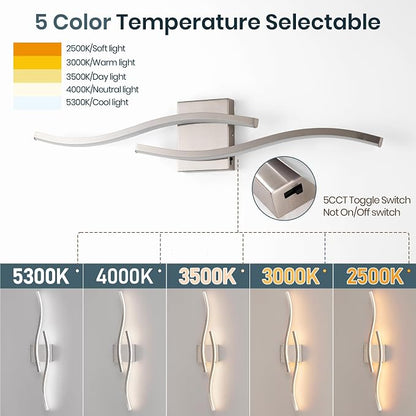 Brushed Nickel Curved 3000~6000K Bathroom Vanity Light Fixture Over Mirror, 31.5 inch Modern LED Wall Lamp 5CCT Dimmable Bathroom Light Fixture Modern Vanity Lighting