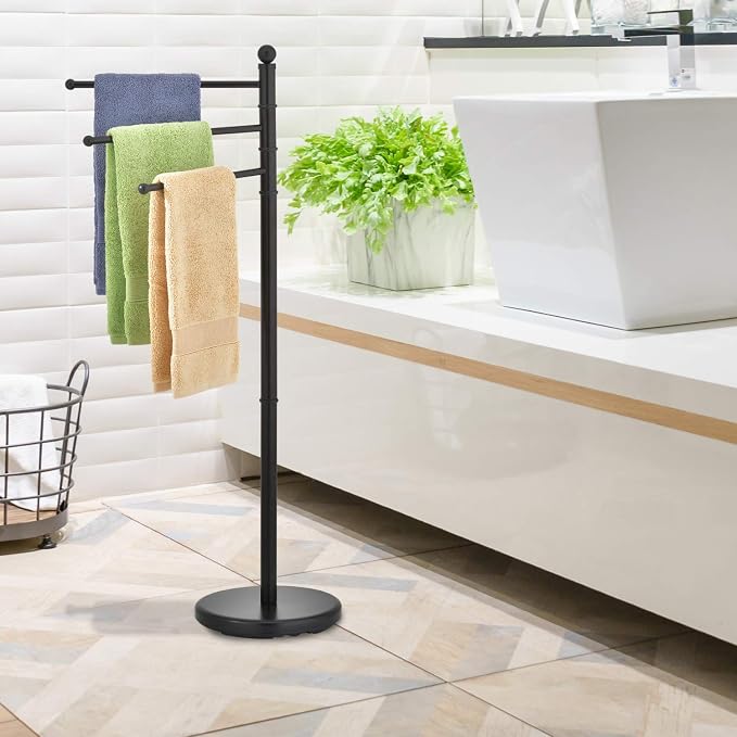 MyGift 40 Inch Black Metal Standing Towel Rack with 3 Swivel Arms | Freestanding Bathroom Towel Rack, Hanging Drying Rack for Home, Spa, Poolside