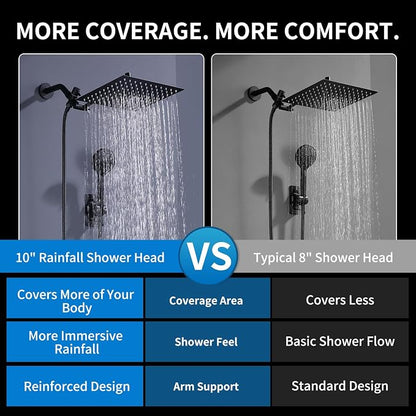 Peicuai Shower Head Combo, 10-Inch High-Pressure Rainfall Shower Head with 11-Inch Adjustable Extension Arm, 5-Setting Matte Black Handheld Shower with Long Hose, Powerful Spray for Low Water Pressure