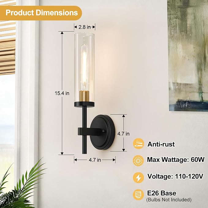 MOKATNG Hardwired Wall Sconces, Black and Gold Bathroom Sconces with Clear Glass, Modern Wall Light Fixtures for Bathroom Mirror Vanity, Living Room, Bedroom, Hallway, Stairway, Cabinet, Foyer