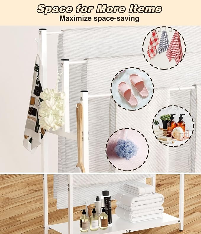 Mondazie 44” Free Standing Towel Racks for Bathroom Towel Storage, White | 3 Tier Oversized Pool Towel Drying Rack Outdoor, Blanket Ladder Holder with Shelf & 6 Hooks for Bedroom Living Room Poolside