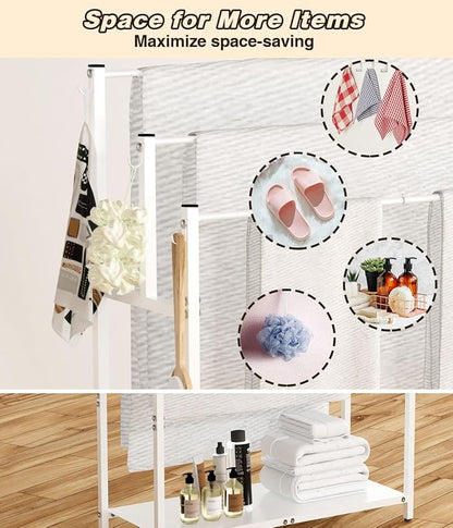 Mondazie 44” Free Standing Towel Racks for Bathroom Towel Storage, White | 3 Tier Oversized Pool Towel Drying Rack Outdoor, Blanket Ladder Holder with Shelf & 6 Hooks for Bedroom Living Room Poolside