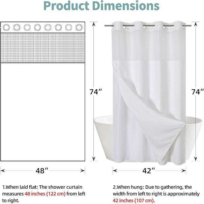 eachope No Hook Waffle Shower Curtain with Snap-in Liner, 48x74 Inch, White | 230GSM waffle weave fabric, waterproof liner set with 2 bottom magnets, mesh window, washable, for shower stalls or bathrooms