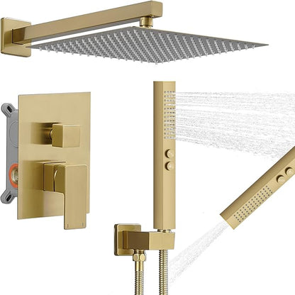 RUMOSE Brushed Gold Rainfall Shower System 12 Inch High Pressure Square Shower Head with 2 in 1 Handheld Spray Wall Mount Brass Bathroom Shower Faucet Set with cUPC Certified Rough-in Valve