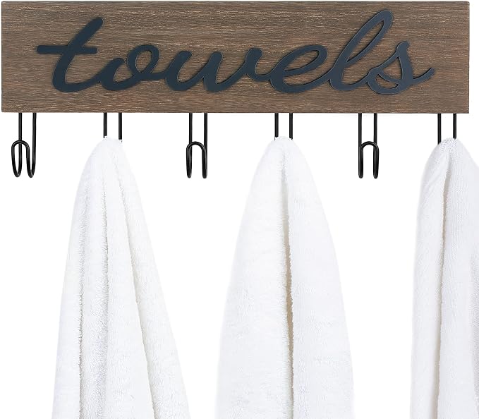 Mkono Wall Mounted Towel Rack, 6 Hooks Rustic Wood Bathroom Towel Hanger | Farmhouse Decor, Space Saving, Decorative Letter Design, Easy Install, Sturdy, Hang Bathrobe clothes, Shower Accessories