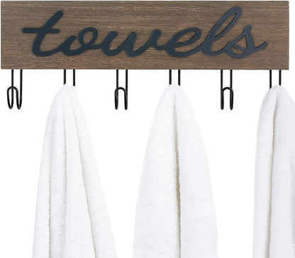 Mkono Wall Mounted Towel Rack, 6 Hooks Rustic Wood Bathroom Towel Hanger | Farmhouse Decor, Space Saving, Decorative Letter Design, Easy Install, Sturdy, Hang Bathrobe clothes, Shower Accessories